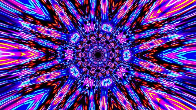 Abstract bright colorful fantasy mandala neon rays ornament. 4K Complex geometric star composition color cycle. Geometric transform multicolored motion graphics background. Seamless VJ loop.