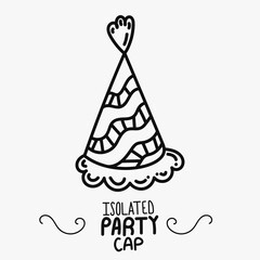 Hand drawn vector black doodle party cap in isolation on white background. Celebrating symbol with black outlines and no fill, decorative holiday hat, surprise sketch sign