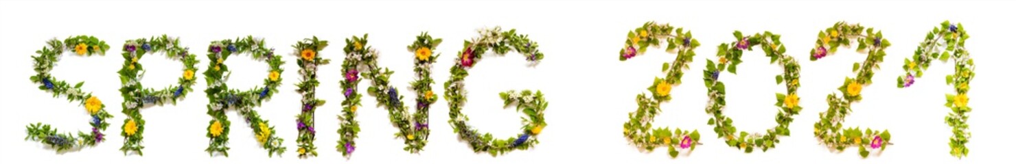 Flower, Branches And Blossom Letter Building English Word Spring 2021. White Isolated Background