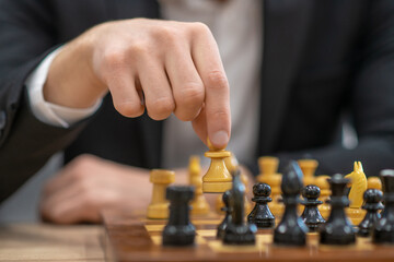 Male hand with white pawn over chessboard