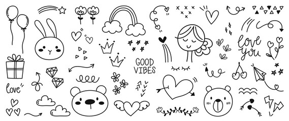Cute valentines day doodle vector set.  Hand drawn fashion elements for kids. Love and animal , Labels, gift box , heart, arrow, bear, flowers set, rabbit, women, rainbow, plant vector illustration.
