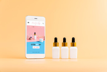 Design of the smartphone screen, Application of cosmetics online. serum bottle, mockup of beauty product brand.