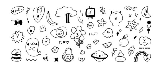 Cute doodle vector set. kids icon design with monster, dog, ufo, star, food and plant. Vector illustration.