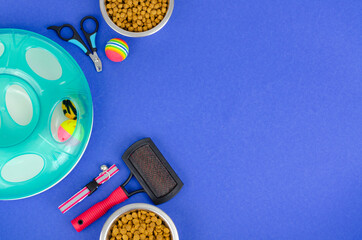 Background of bowls with food, toys and pet care items, top view. Studio Photo