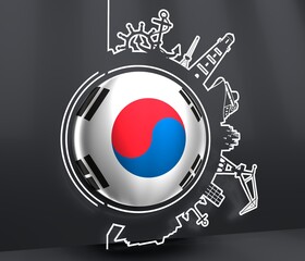 Circle with sea shipping and travel relative silhouettes. Objects located around the circle. Industrial design background. Flag of South Korea. 3D rendering