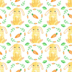 Watercolor seamless pattern cute red rabbit, funny bunny. Baby cute animal, forest animal, farm. Carrot, grenery. Happy easter print, Easter Bunny, digital paper.