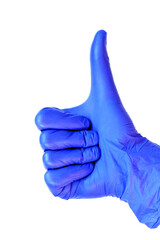 Blue latex medical gloves on a female hand, shows the okay