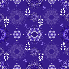White floral ornament mandala flower with dark blue background seamless vector pattern design