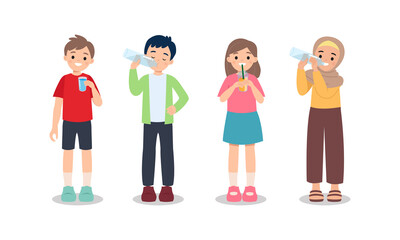 Boy and girl drinking water from glass and plastic bottle. Healthy lifestyle concept. Stay hydrate. Flat vector clip art isolated on white.