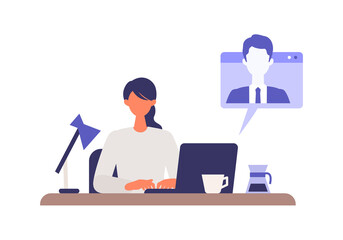 Vector illustration of businesswoman having communication via telecommuting system.