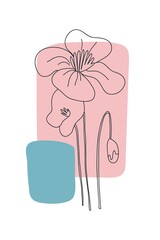 Flower minimal poster. Hand drawn line wild flowers and leaves with abstract shape. Herbal and meadow plant collection, modern wall art floral decor vector botanical illustration pink, blue colors
