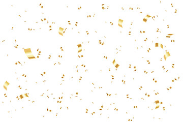 Falling shiny golden confetti and serpentine pieces isolated on white background.