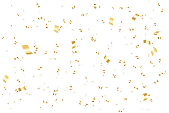 Falling shiny golden confetti and serpentine pieces isolated on white background.