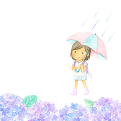 Fototapeta premium 女の子と紫陽花の風景 梅雨 水彩イラスト 