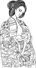 vector contour geisha in kimono painted with ink. chinese graphics for design. shy asian woman in dress with flower cup of tea. drawing Japanese girl image for coloring on the Japanese theme.