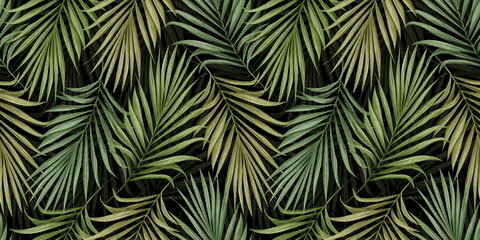 Fototapeta na wymiar Tropical exotic seamless pattern with green color palm leaves on dark background. Hand-drawn vintage illustration, background, texture. Good for production wallpapers, fabric printing, goods.