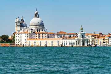 Fototapeta na wymiar View of Giudecca Canal in Venice from the bell tower of San Giorgio Maggiore, with Punta della Dogana and the cupolas of Santa Maria della Salute