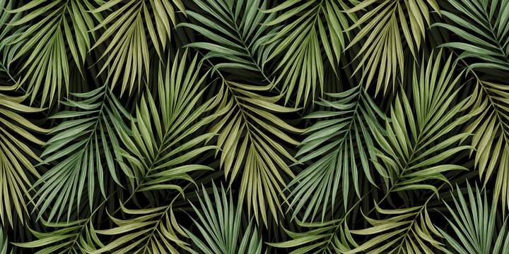 Tropical exotic seamless pattern with green color palm leaves on dark background. Hand-drawn vintage illustration, background, texture. Good for production wallpapers,  fabric printing, goods.