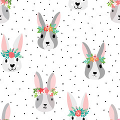 Cute bunny seamless Vector pattern with bunny heads wearing flower crowns. Sweet hand drawn nursery art seamless background. Dots Isolated on white with rabbits kids fabric, Easter, nursery decor