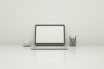 Modern laptop on desk with coffee and pen. Home workspace. 3d render.