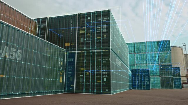VFX Concept: Augmented Reality Visualization Creating 3D Graphics Over Shipping Containers in the Terminal. Futuristic Animation Effect Shows Online Connectivity of Every Unit to the Logistics Center.