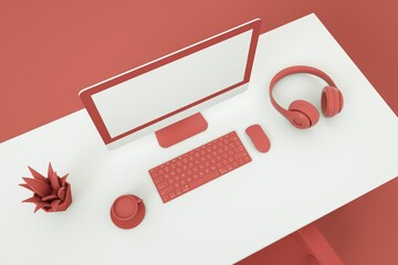 Top view of white office desktop with computer, plant, coffee, keyboard, computer mouse, headphones, and chair, isolated in the red room. 3d Rendering.