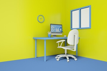 Office desk with Graph on computer screen, information researching. minimal workplace concept. office interior. 3d rendering