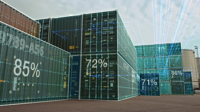 VFX Concept: Augmented Reality 3D Visualization Over Containers in the Terminal. Futuristic Animation Shows Online Connectivity of Every Unit to the Logistics Center and the Level of Load They Hold.