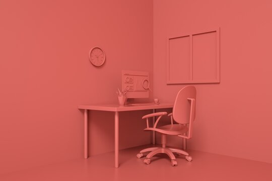 Red Contemporary Home office workplace concept with laptop mockup and other objects. Graph on computer screen, information researching. 3D Rendering. Work from home concept. Minimal idea concept.