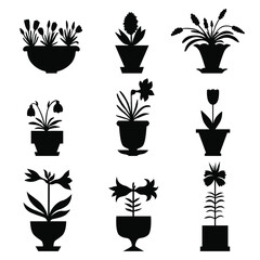 Vector illustrations of silhouette flowers icon set