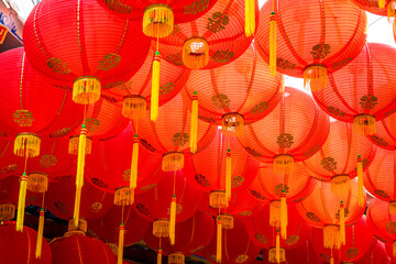 red lantern decoration for Chinese New Year Festival at Chinese shrine Ancient chinese art with the Chinese alphabet Blessings written on it Is a Fortune blessing compliment,Is a public place Thailand