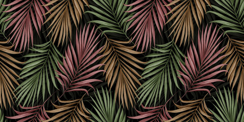Fototapeta premium Tropical exotic seamless pattern with color palm leaves on dark background. Hand-drawn vintage illustration and texture. Good for production wallpapers, wrapping paper, cloth, fabric printing, goods.