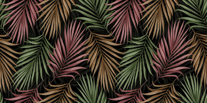 Tropical exotic seamless pattern with color palm leaves on dark background. Hand-drawn vintage illustration and texture. Good for production wallpapers, wrapping paper, cloth, fabric printing, goods.