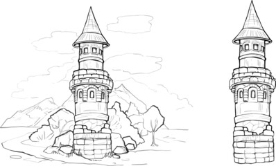 Fairy Tale Castle Outline Illustrations drawn black  tower linear freehand drawing clipart for coloring. Cartoon old high brick building, children's fairy tale princess house guarded by dragon  