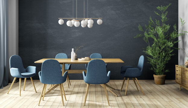 Interior design of modern dining room, wooden table and blue chairs 3d rendering