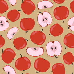 Apple seamless pattern. Red apples and apple halfs on beige background. Hand-drawing design for packaging, wrapping paper, fabric, textile. - 410068296