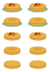 Pancake week. A stack of pancakes with berries on a plate. Flat vector set of illustrations