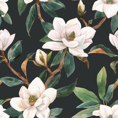 Beautiful vector seamless pattern with hand drawn watercolor white magnolia flowers. Stock illustration. - obrazy, fototapety, plakaty