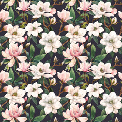 Beautiful vector seamless pattern with hand drawn watercolor gentle white and pink magnolia flowers. Stock illustration.