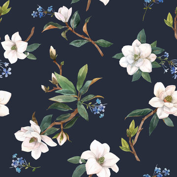 Beautiful vector seamless pattern with hand drawn watercolor white magnolia flowers. Stock illustration.