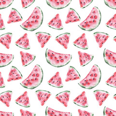 Watercolor seamless pattern with fresh slices of ripe watermelon