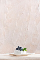 Berry dessert on saucer. Meringue with fresh blueberries. Side view, light background. Vertical frame