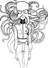 girl with an octopus on her head unusual illustration angry look. monster character for teenage children. Linear drawing for coloring book