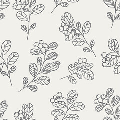 Elegant black and white hand-drawn seamless pattern with branches of wild berries. Applicable for creating wrapping papers, wallpapers, fabrics and decorative backgrounds. Vector illustration.