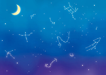 Naklejka premium 夏の星座と天の川と夜空のイラスト 