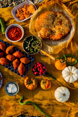 Colorful autumn picnic with staffed meatballs, flatbread, appeti