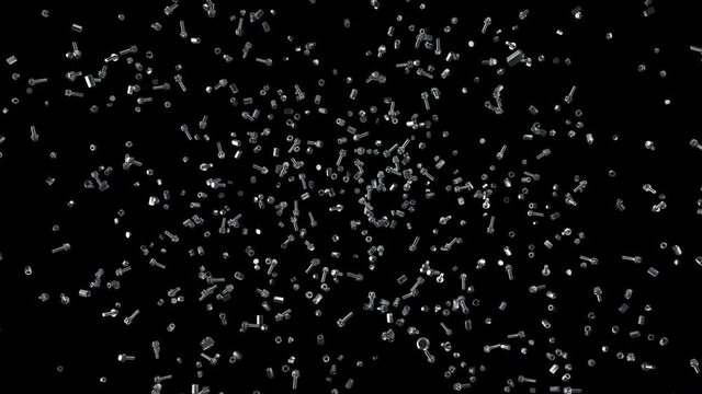 Scrues,nut caps,hex bolts,hex cups explosion.Mechanical intro.Black background for alpha,luma channel.