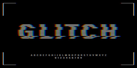 VHS glitch font in retro style. English letters, numbers with distortion effect. Good for design promo electronic music events, games, banners, web, etc. Vector type.