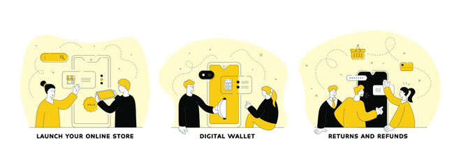 Commerce and trade in internet flat linear vector illustration set. Launch your online store, digital wallet, returns and refunds. Online shopping. People cartoon characters