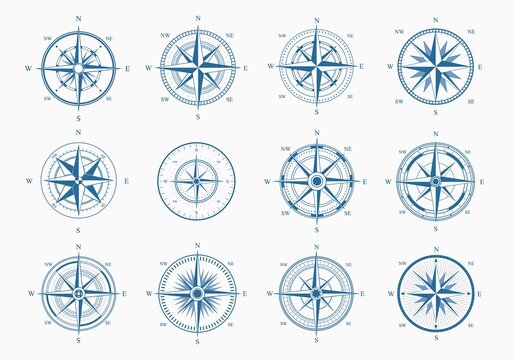 Sea wind rose set. Blue ink cartography with orientation parts of world nautical vintage star for topography mariners latitude and longitude navigation measurement equipment. Vector discovery.